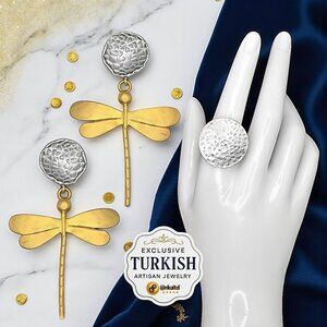Dragonfly Turkish 24K Gold Plated Earrings And Ring Artisanal Jewelry Unique Set